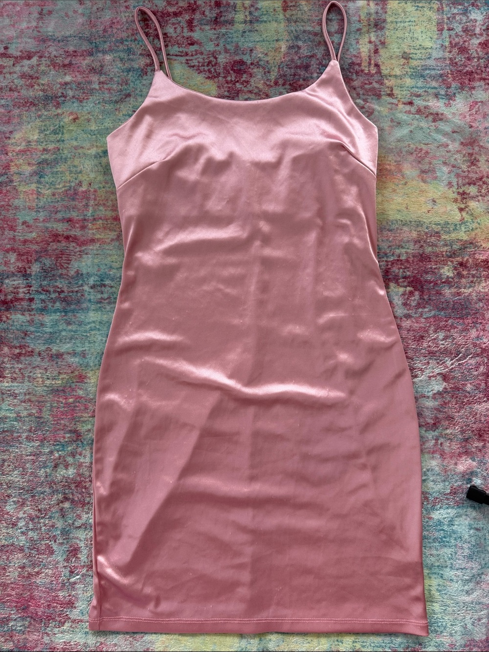 💜Women’s Pink Satin Slip Mini Dress with Spaghetti Straps